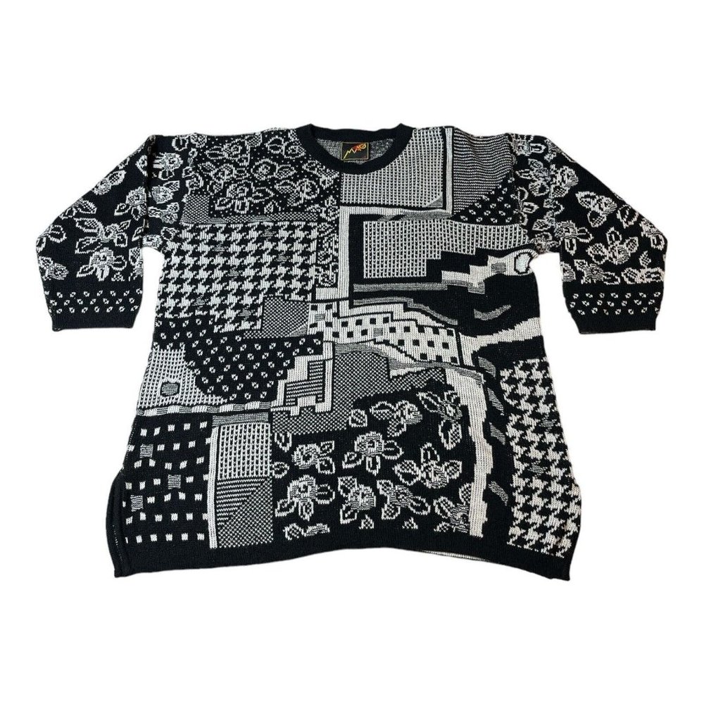 80’s 90’s Abstract Geometric Floral Women’s Pullover XL Black White 3/4 Sleeve
